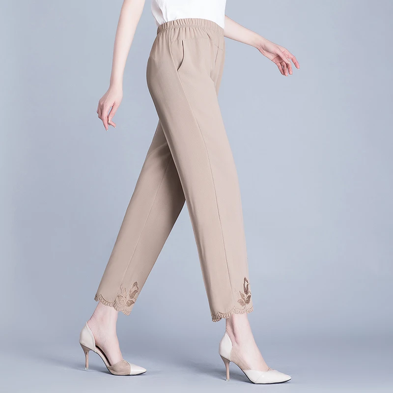 Summer Cool Bottom Embroidered Chiffon Pants Women's Thin High Waist 2025 Elastic Loose Straight Leg Pants Women's Casual Pants
