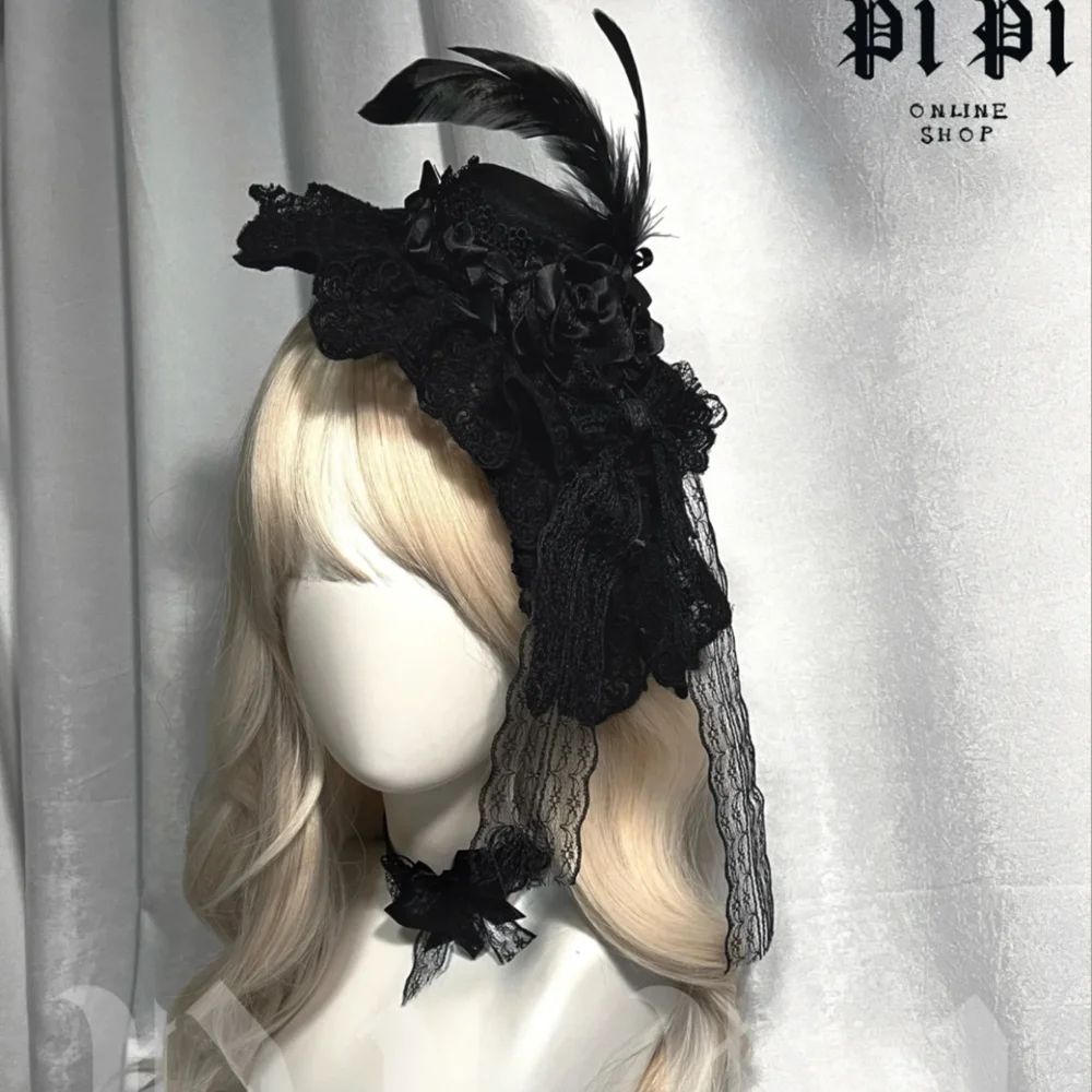 Original Dark Taro gótico Lolita encaje subcultura accesorios para el cabello horquilla tocado de plumas sombrero de copa pinza para el cabello