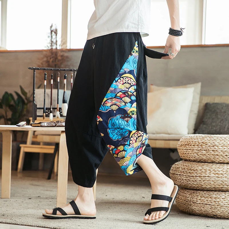 Beach Trousers Men Vintage Hawaiian Print Comfortable Calf Length Pants Men Cotton Breathable Loose Fit Fashion Men Casual Pants