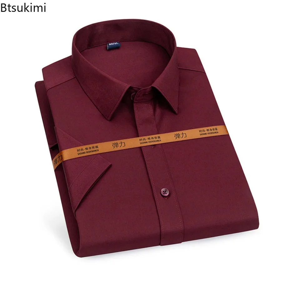 2024 Summer High Elastic Short-sleeved Shirts for Men Office Business Social Dress Shirts Men's Solid Slim Formal Clothing Tops