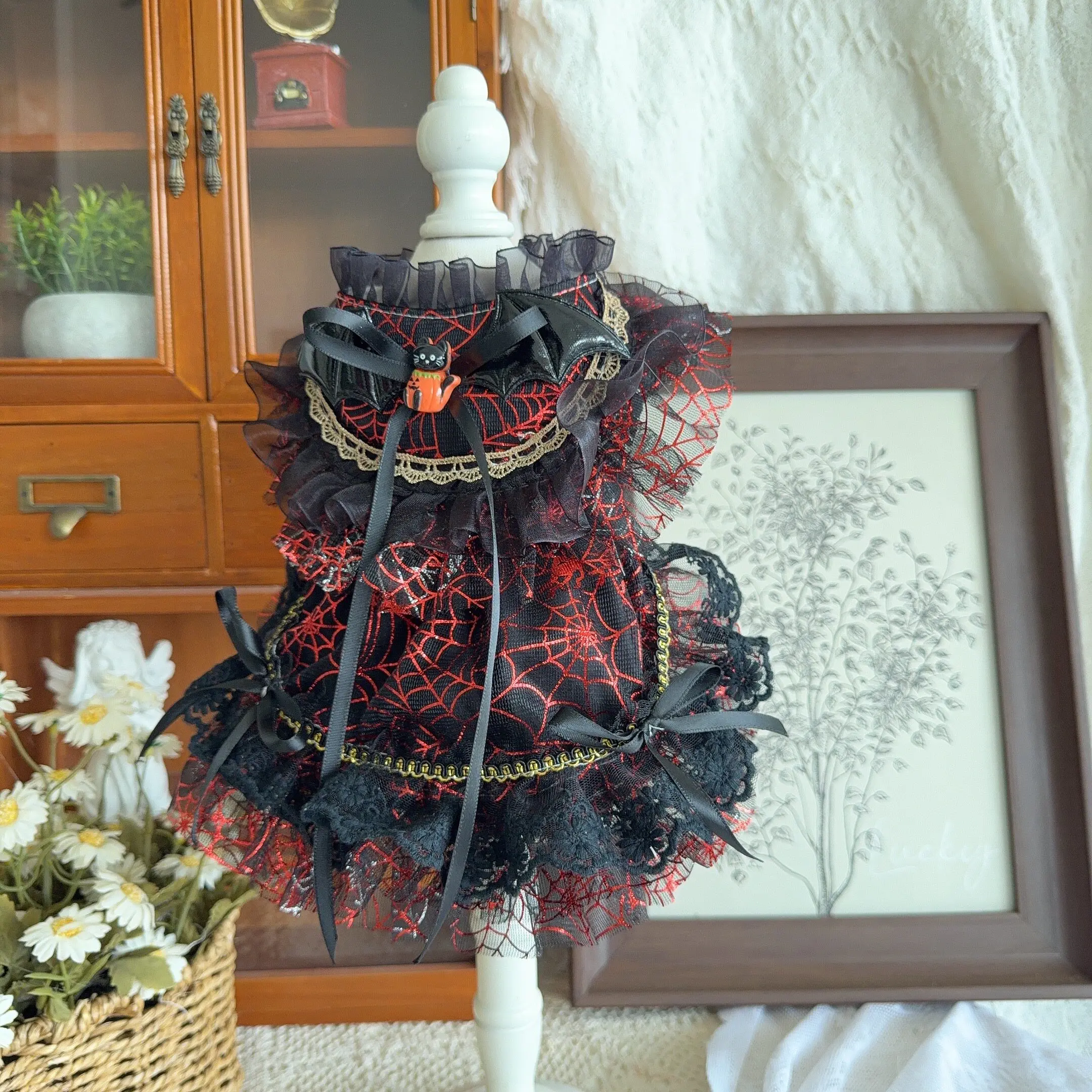 Pet Dog Cats Clothes Pure Cotton Handmade Gothic Spider Web Print Halloween Party Princess Dress For Small Medium Dog Puppy Coat