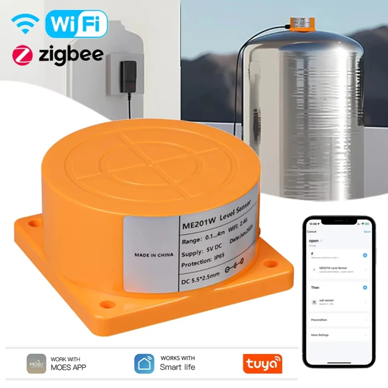 Smart Tank Monitor WiFi/ZigBee Ultrasonic Liquid Level Water Tank Monitor Sensor APP Water Level Detector with Real-Time Alarms
