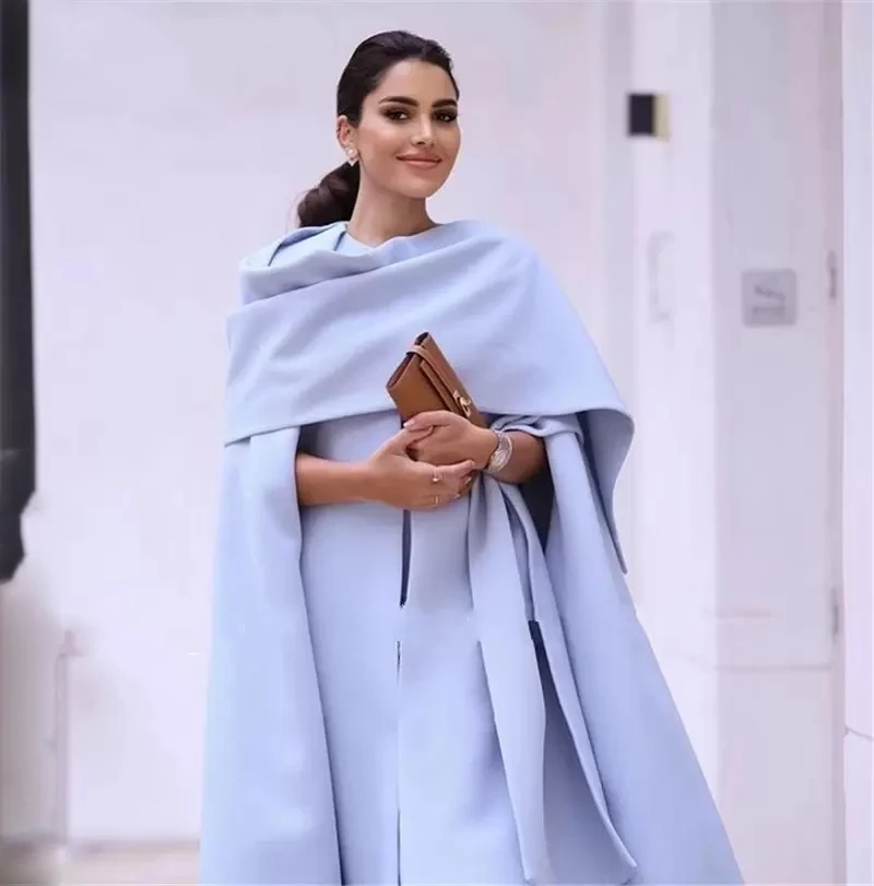 Light Sky Blue Cape Style Evening Dreesses Saudi Arabia  Satin A  Line Dubai Prom Party Gowns Robe De Soiree Ankle Length