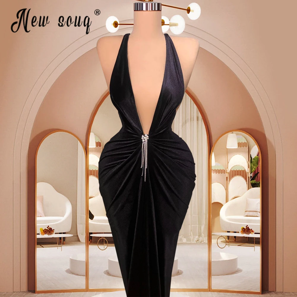 Fashion Summer Halter Backless Black Party Gowns Elegant Velvet Deep V Neck Evening Night Dress Customized  Vestidos De Fiesta