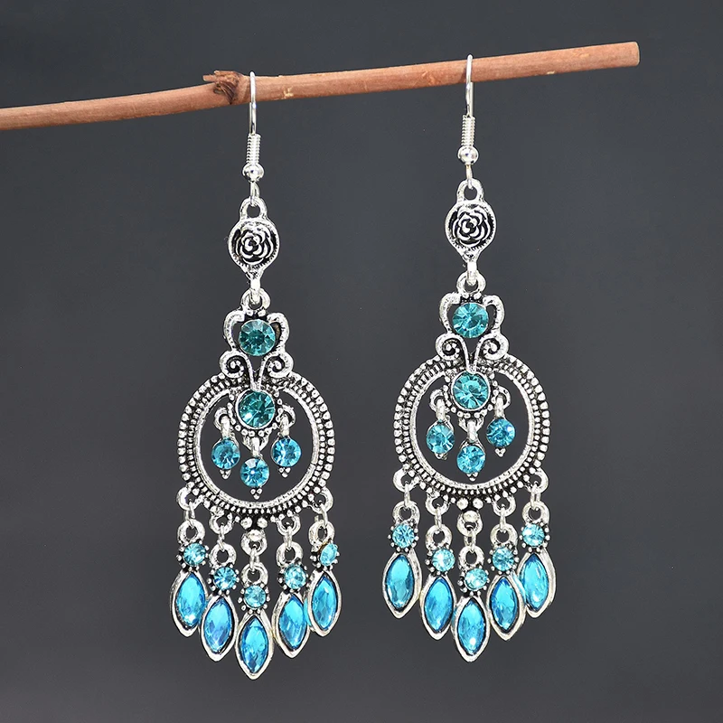 Vintage Ethnic Crystal Tassel Earrings for Women Elegant Boho Long Round Hollow Silver Color Water Drop Earrings Jhumka Jewelry