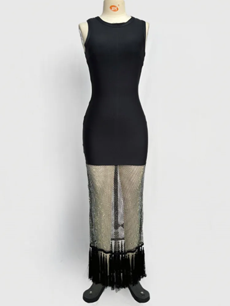 Femmes Sexy O cou diamants Net noir Maxi longs diamants célébrité moulante robe de pansement 2025 élégant soirée Club robe de soirée