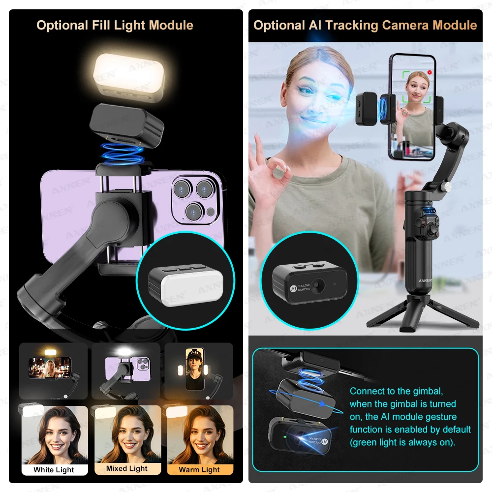 3-Axis Vlog Stabilizer Handheld Mobile Phone Gimbal Face Following Video Stand with Magnetic Remote for Tiktok Photography Kit