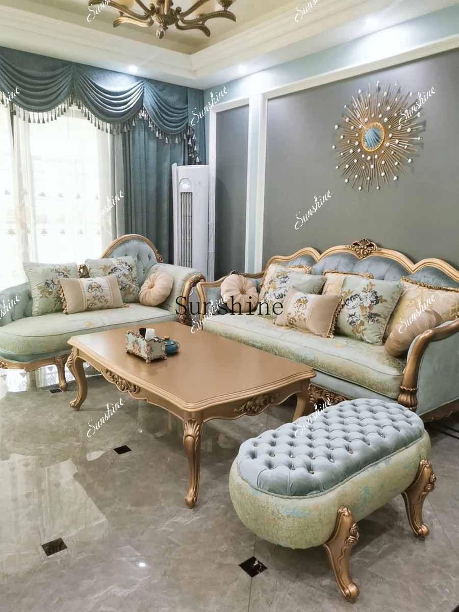 

European sofa combination high-end luxury light luxury retro living room fabric solid wood high-end villa FT
