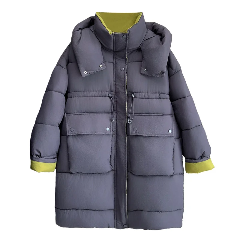 XXXXL موضة حجم كبير سترات نسائية جديدة بسيطة منتصف طول مقنعين وسادة مبطنة في الشتاء الدافئة كتلة اللون معطف 0658 #1