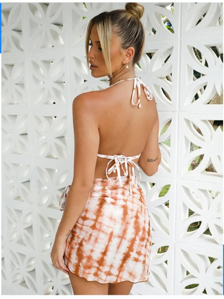 3 ピースビキニセットセクシーな水着水着女性三角ヒョウレインボータイダイビキニセット水着ビーチスカートカバーアップ