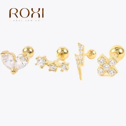 ROXI 925 Silver Crystal Ear Piercing Stud Earrings For Women Girls Butterfly Cross Pendientes Cartilage Earrings Wedding Jewelry