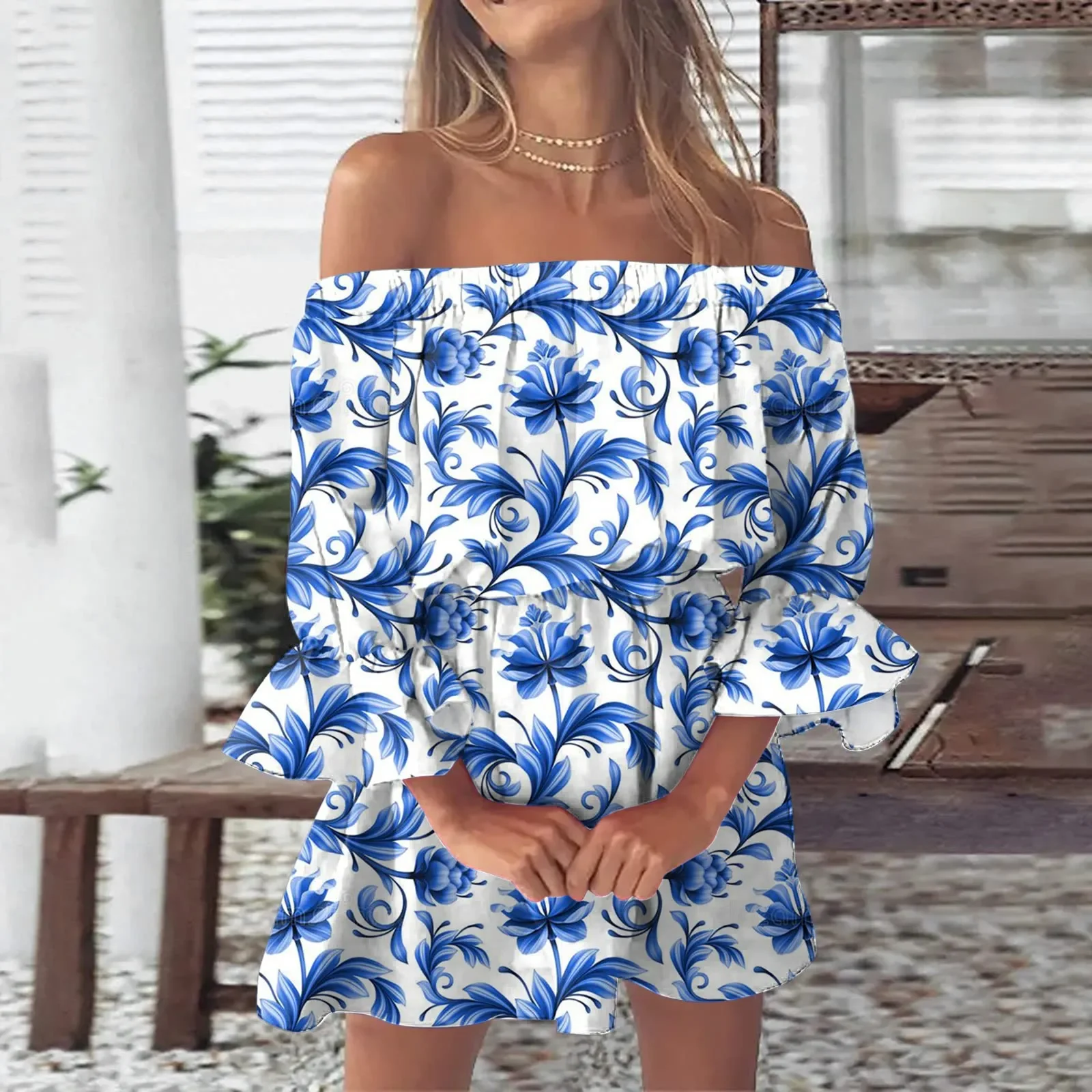 2023 Summer Boho Dresses For Women Sexy Off Shoulder Floral Print Flare Sleeve Tunic Dress Women Casual Mini Sundress Vestido