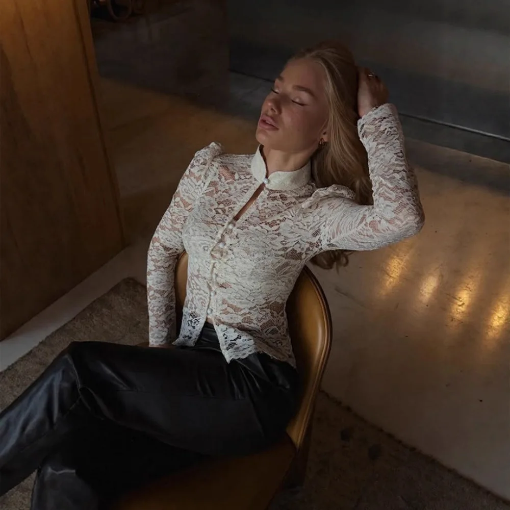 

Женская повседневная блузка с длинным рукавом, однотонная, элегантная, с кружевными вставками, вышивкой и воротником-стойкой, новая модная коллекция