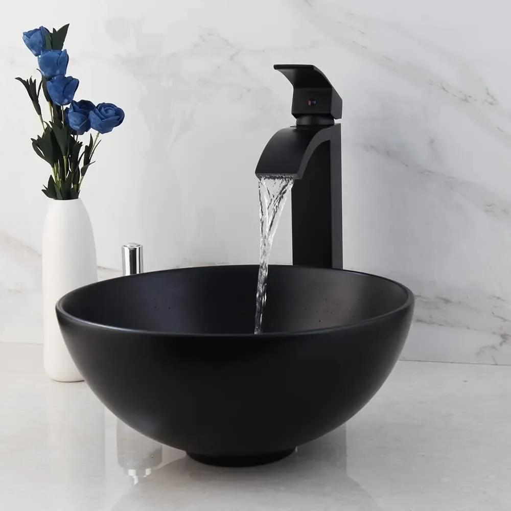 Black Bathroom Ceramic Vessel Sink Set, Above Countertop, Round Bowl Sink with Waterfall Faucet and Drain Combo