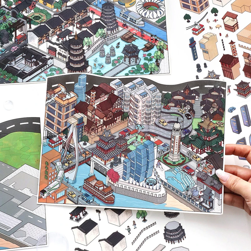 مجموعة من ملصقات المدينة ذات الزاوية الكبيرة - مجلة ديوراما كبيرة الحجم، مواد ديكور مشهد ممتع، قرطاسية إبداعية ذات طابع حضري يمكنك صنعها بنفسك ألبان