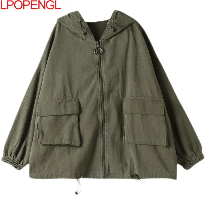 Autumn Women\'s Jackets New Loose And Artistic All-match Casual Outerwear Hooded Army Green Oversized Long Sleeves O-neck Coat