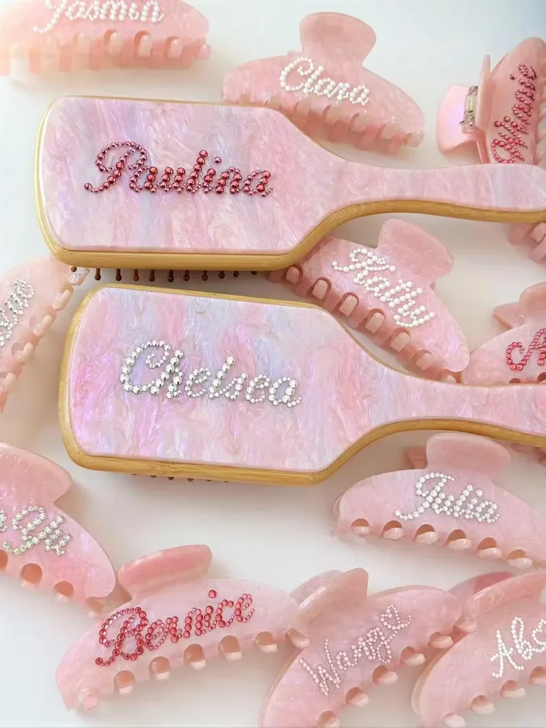 Custom Big Size Name Hair Brush, Personalized Paddle Brush, Pink Blue White Comb, Rhinestone Name Hair Brush, Long Hair Care view 2