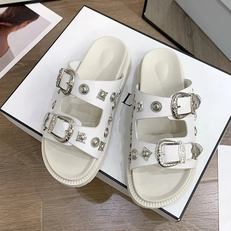 Black Sandals for Women Punk Slippers Studded Buckle Decor Open Toe Women Shoes Comfortable Platform Women Beach Shoes sandalias