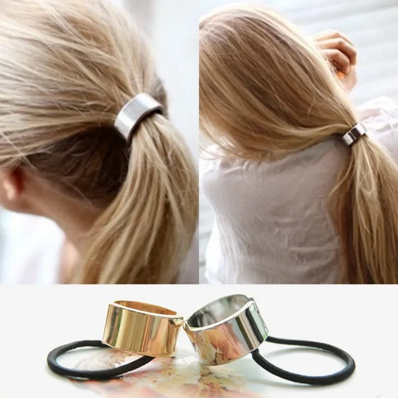 Shiny Mental Circle Pendent Hair Ropes Vintage Hair Ties Women Simple Ponytail Holder Rubber Bands Scrunchies Headress Ornament