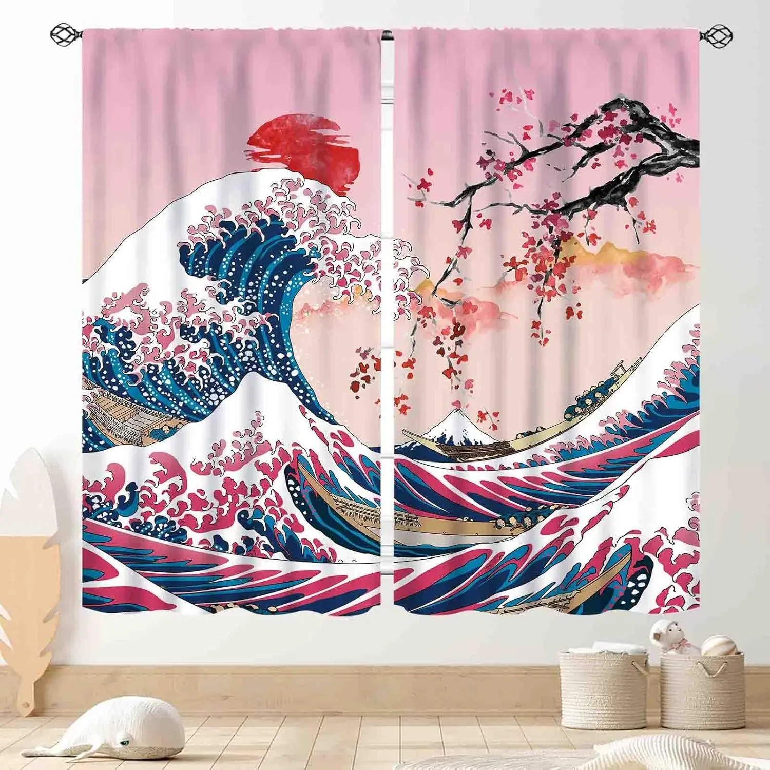 2pcs Japanese Cherry Blossom Curtains Mount Fuji and Red Sun Window Drapes Asian Art Zen Home Decor for Living Room Bedroom