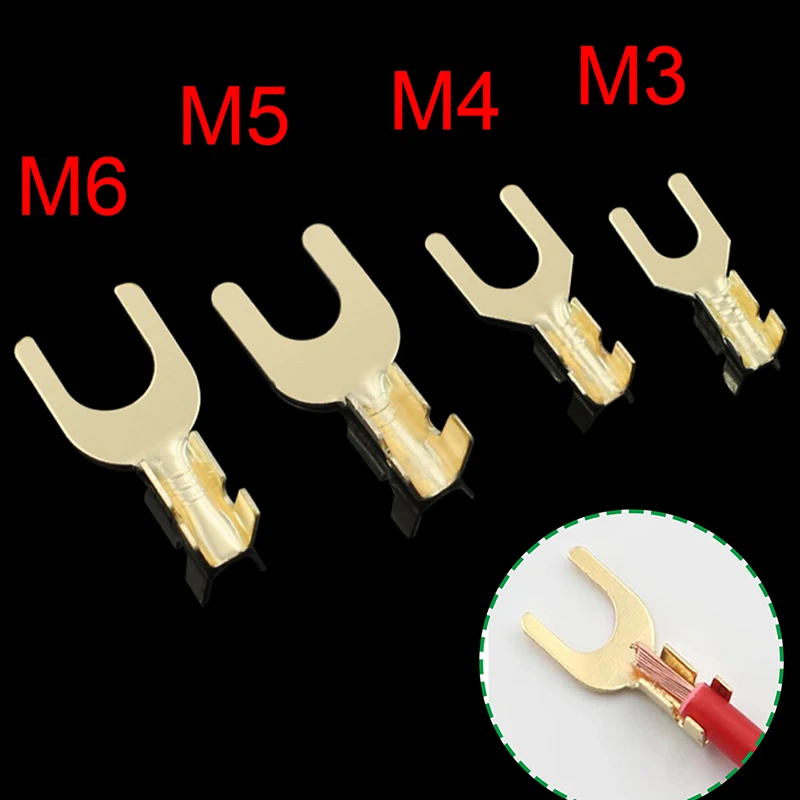 100Pcs/Pack 3.2/4.2/5.2/6.2MM U-Shaped Brass Cable Grounding Lug Fork Terminal Pressed Bare Terminal Butt Docking Connector