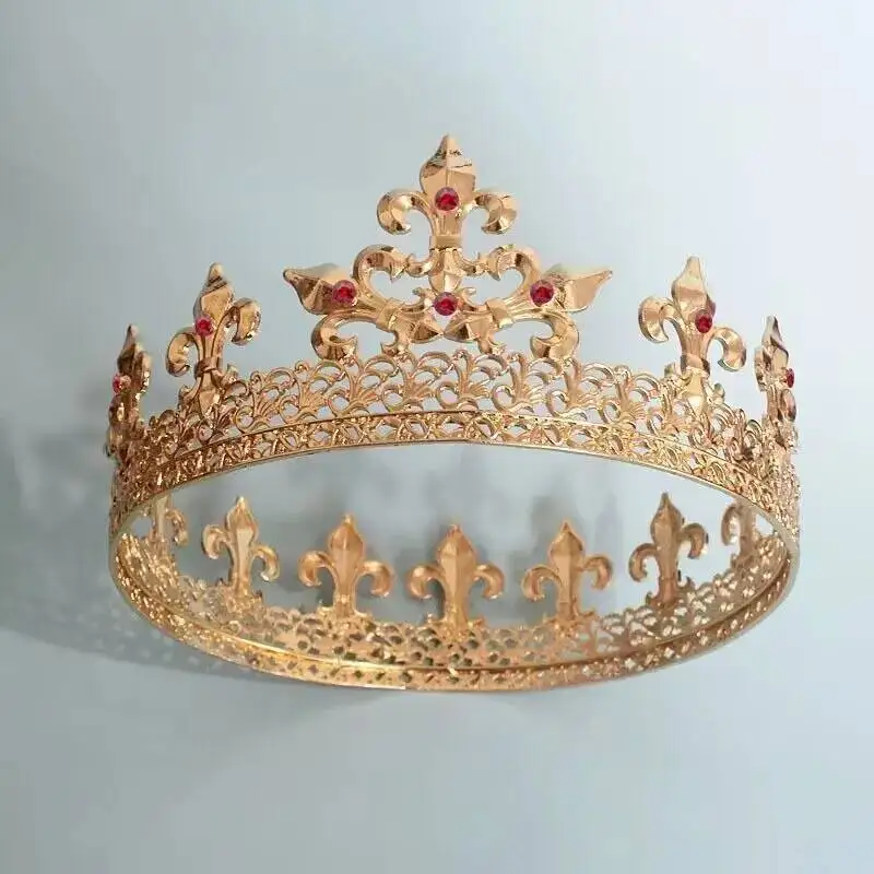 Royal King Tiaras Round Gold Alloy Metal Gold Crystal Medieval Crowns Men Witch Pageant Diadem Cosplay  Halloween Headpieces