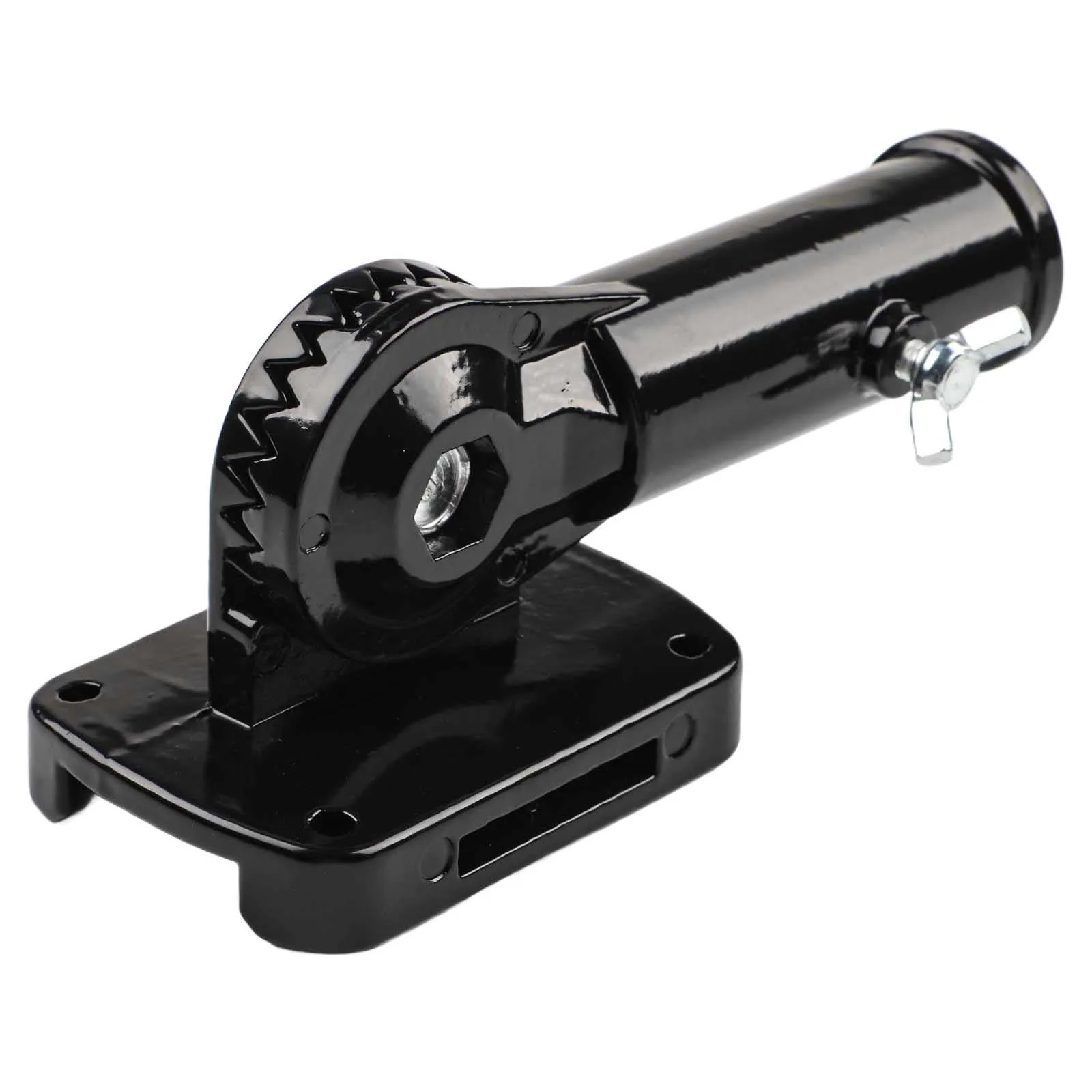 Aluminum alloy flagpole base designed for 180 degree adjustment with secure wall or pole clamp mounting for stable flag display