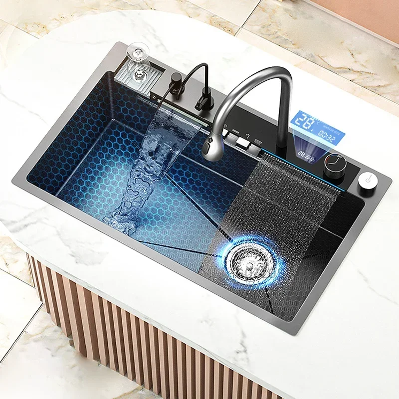 

Stainless Steel Waterfall Kitchen Sink Large Digital Display Faucet Set Multifunctional Wash Basin Washing Pool