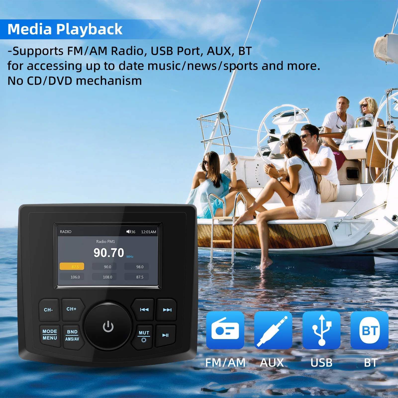 Marine Stereo Boat MP5 Radio Player Waterproof IPX5 AUX Bluetooth-compatible FM AM RDS Audio For Yacht Gauge ATV UTV SUV Cart
