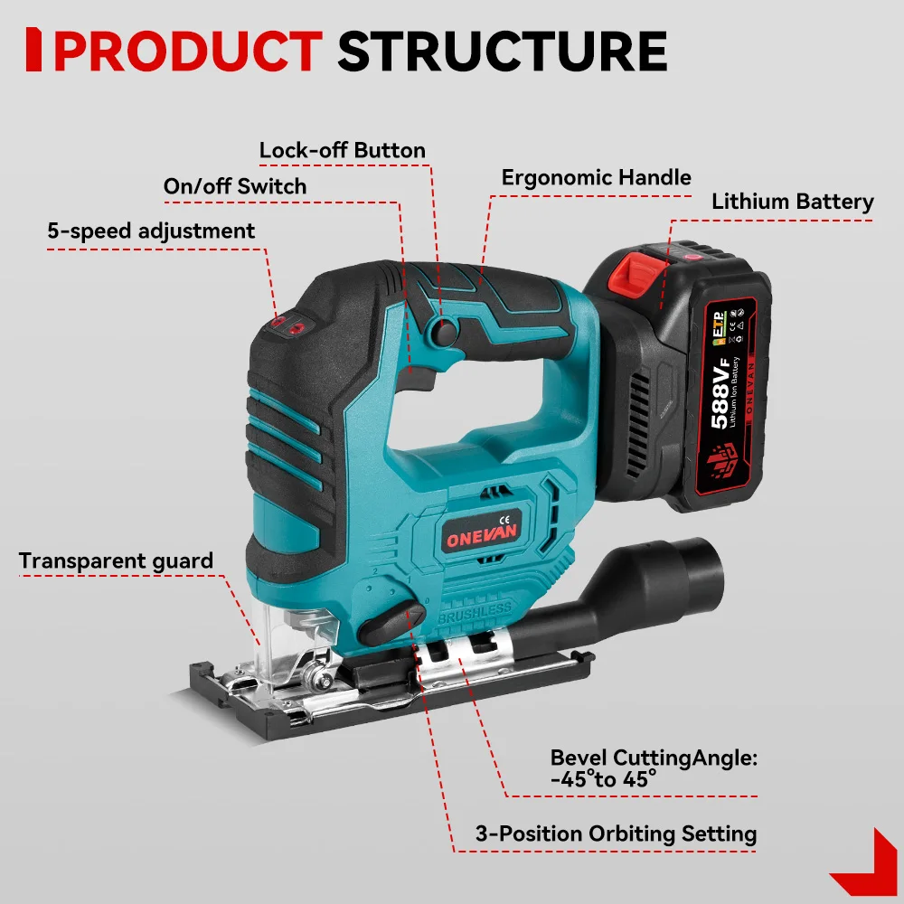 ONEVAN 3500RPM Brushless Electric Jig Saw 1000W Jigsaw Adjustable Blade 3 Variable Speed Woodworking Tool for Makita 18V Battery