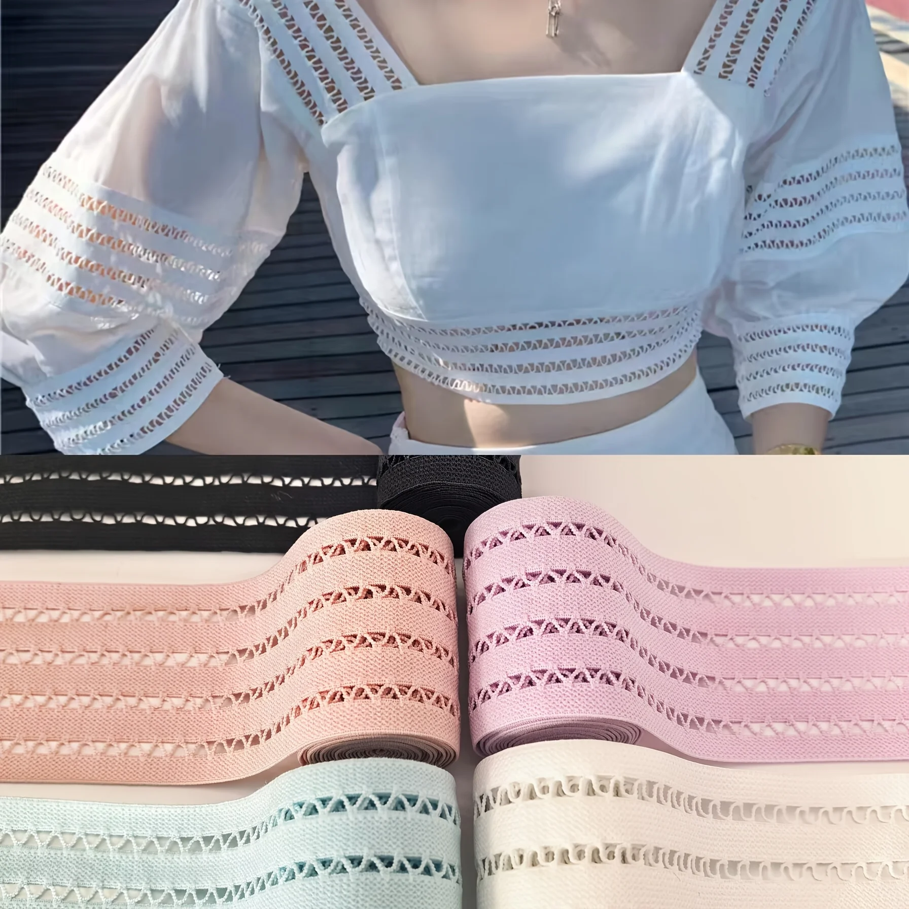 Widened Hollow Elastic Band 1 Meter, Solid Color Fabric Elastic Strap for Clothing Side DIY Handmade Projects
