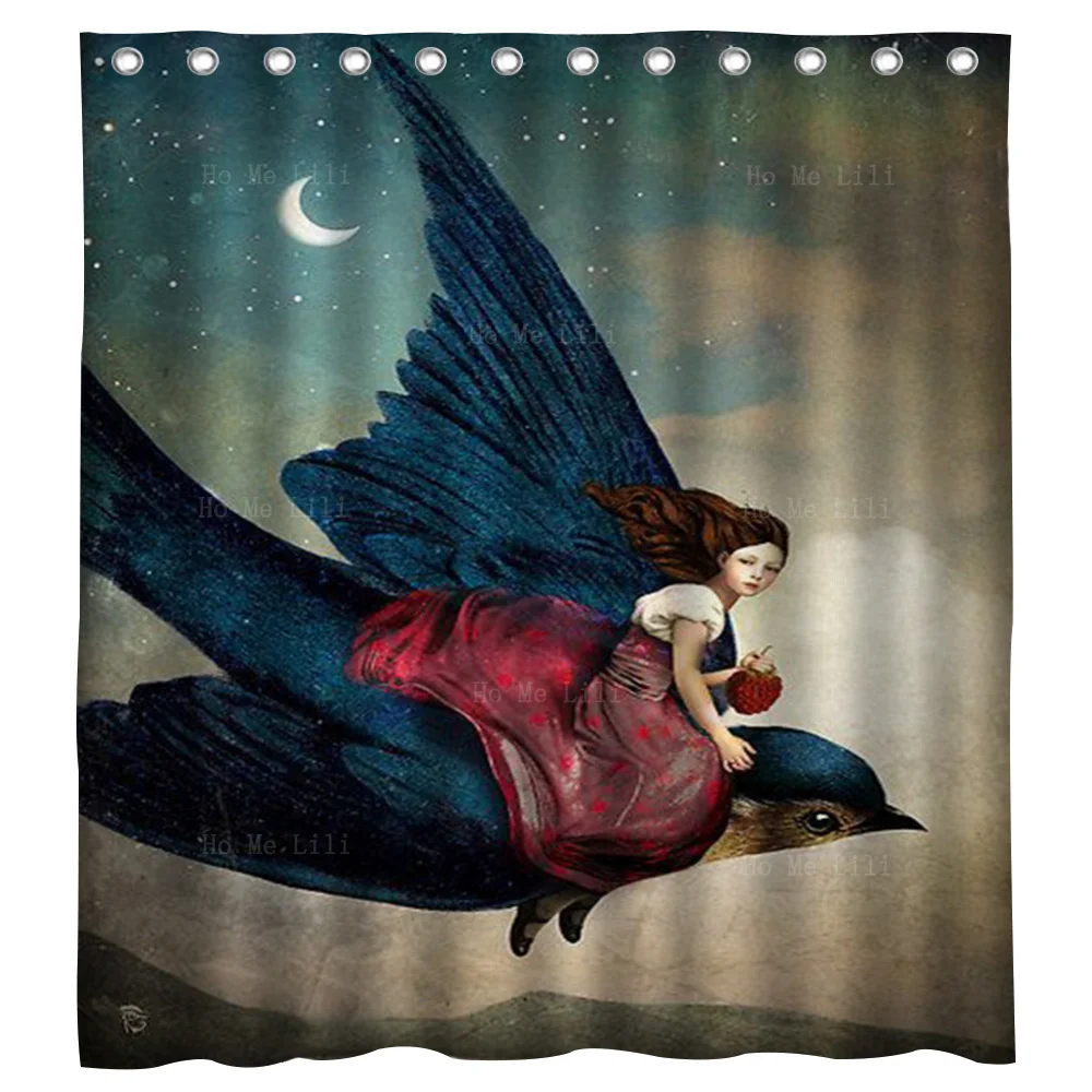 A Girl Flying In The Sky On A Swallow Carries An Fruit In Her Hand Shower Curtain By Ho Me Lili For Bathroom Decor