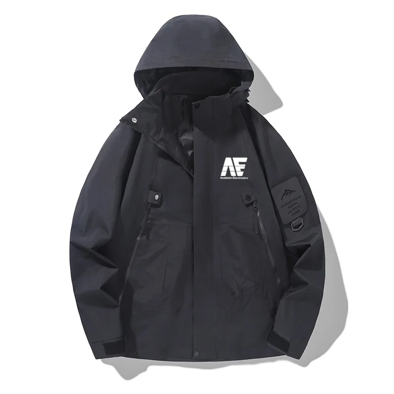 Men's Outdoor Hooded Work Jacket Anaheim AE Logo Print Multi-Pocket Windproof Camping Travel Coat