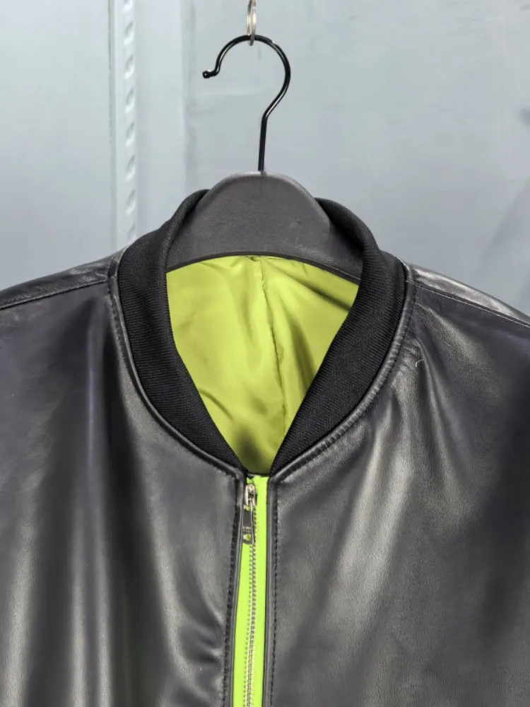 Office Ladies Genuine Leather Mixed Color Zipper Short Jacket Loose Sheepskin Long Sleeves Pocket Elastic Waist Top Quality Coat