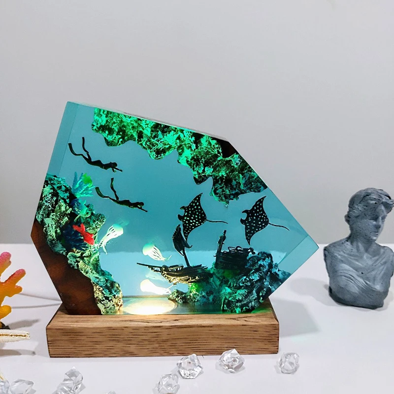 

Настольная лампа из смолы с морскими обитателями Sea World, креативный художественный декор, ночник с тематикой океанских животных и дайверов, зарядка через USB