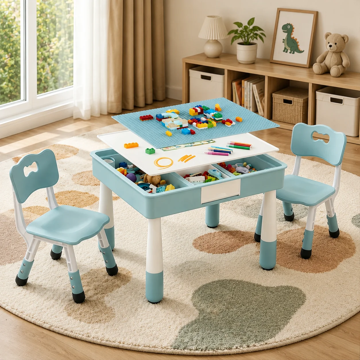 Kids 4 in 1 Table And 2 Chairs Set with Storage Toddler Desk And Chair Combo for Ages 3-10 Graffiti & Building Blocks Double-Sided Grayish Blue