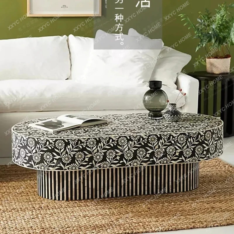 

L hand-painted coffee table light luxury, neoclassical solid wood square round coffee table
