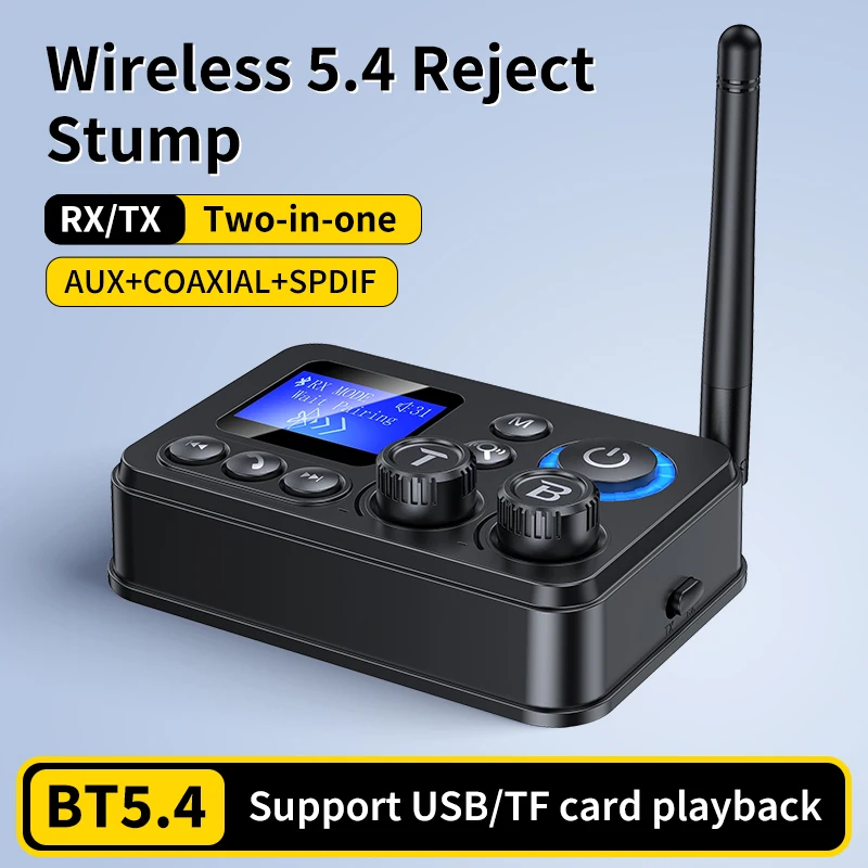 Bluetooth 5.4 Transmitter Receiver  Audio Adapter LCD Display ON/OFF Switch Volume Control Optical AUX RCA for Headphone Speaker