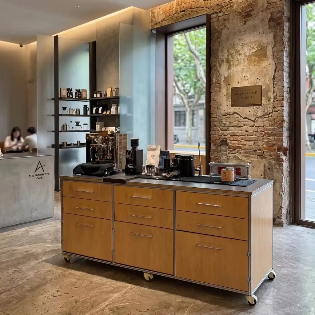 marine panel storage cabinet, Baohaus stainless steel countertop, coffee shop counter, industrial style sideboard