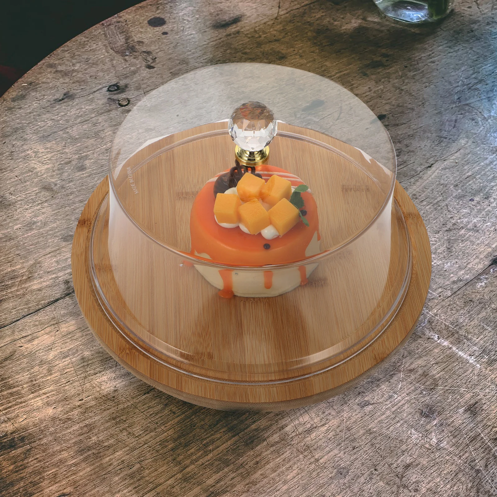 

Acrylic Cake Dust Proof Food Display Cover Bamboo Round Cake Plate Tray Round Plate Kitchen Dust Cover Decor Display Server