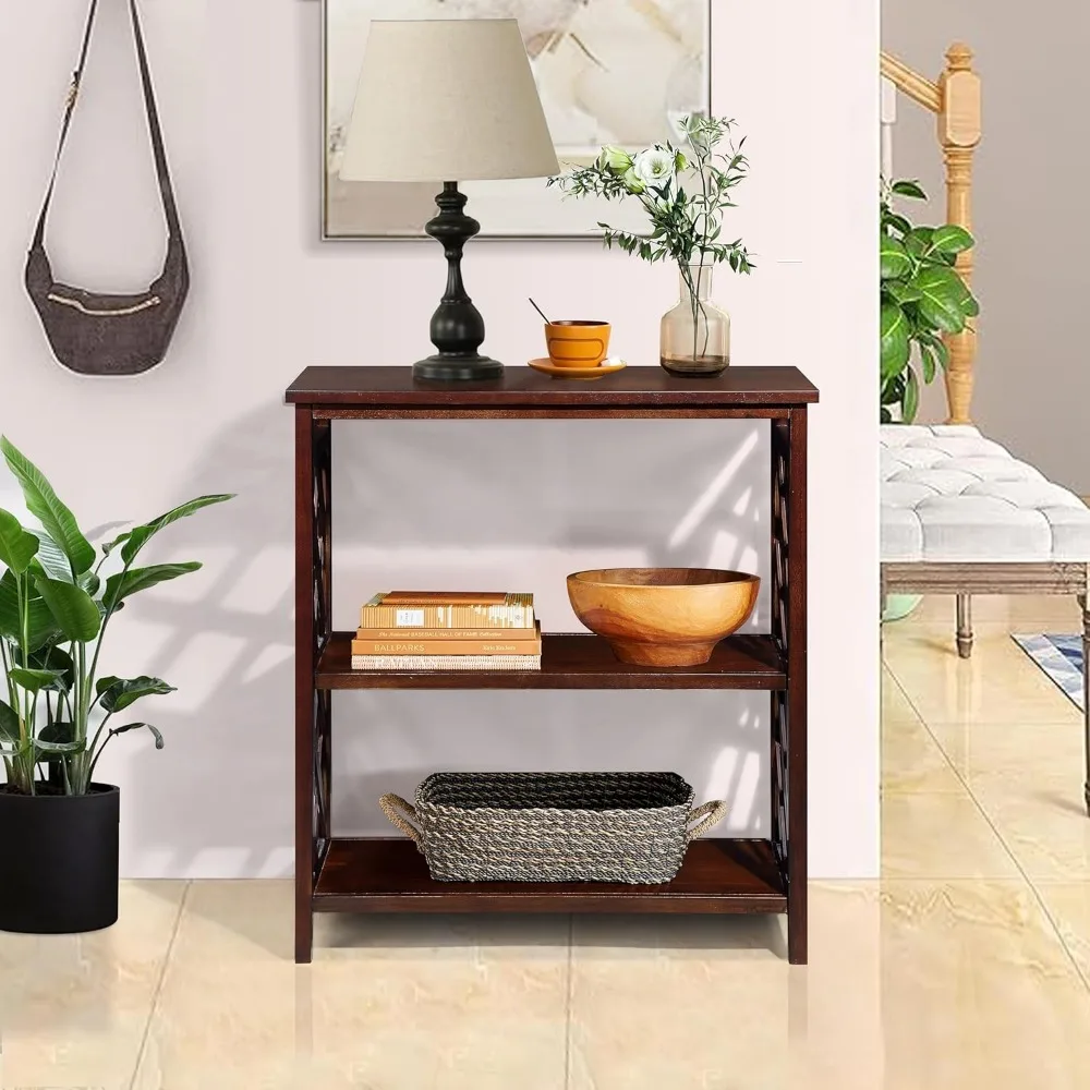3-Tier Console Table with Storage Shelves and Solid Wood Legs, Open Bookshelf Bookcase for Hallway, Living Room, and Bedroom Use