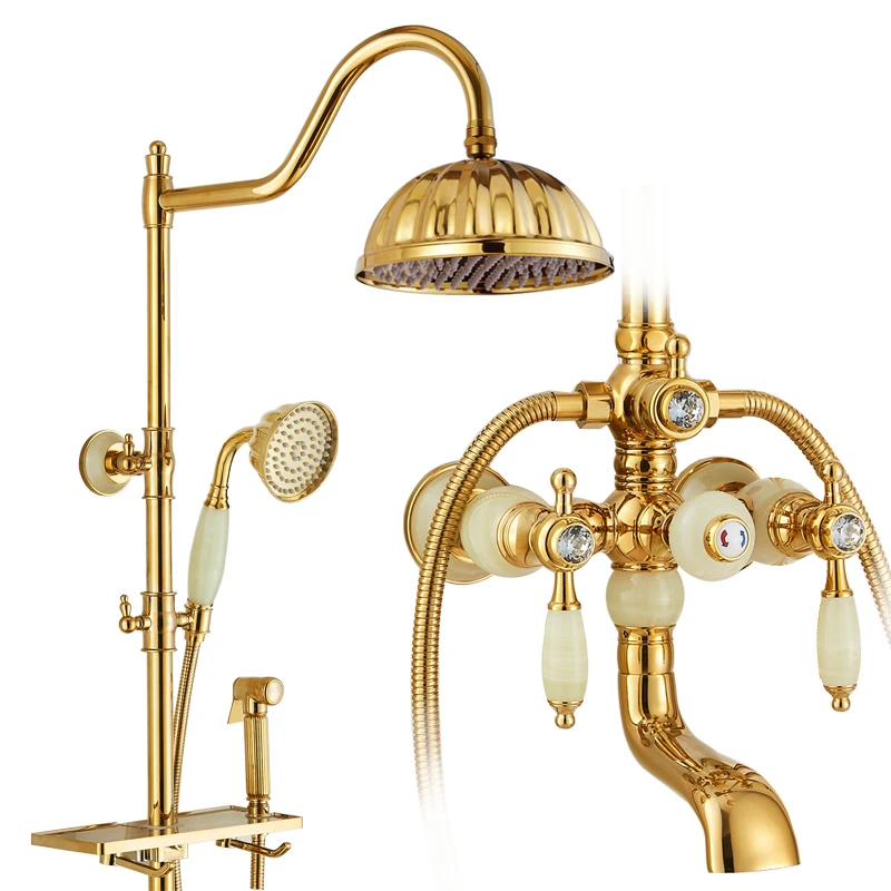 

European Shower Shower Set, Golden Jade Marble Shower, Antique Faucet, All-copper Mixing Valve, Retro