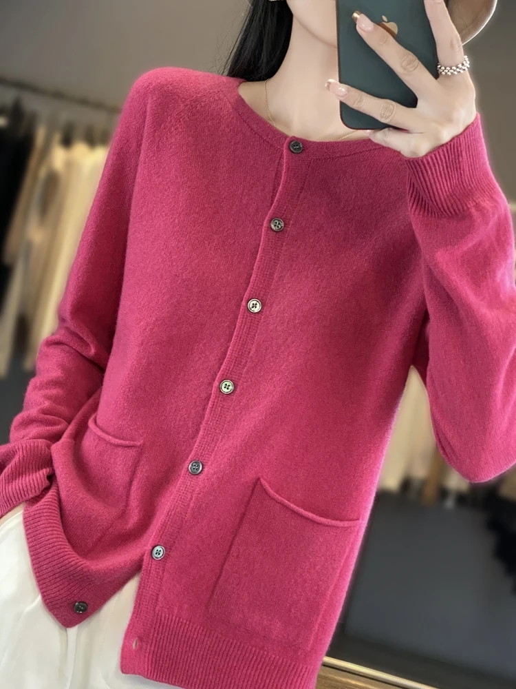 100% Wool Open Cardigan Women's round Neck Loose Fit Fashion Design Korean Style Knitted Sweater Autumn Winter Warmth Heating