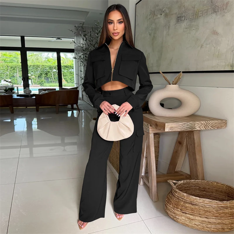 الصلبة خمر رياضية غير رسمية المرأة 2 قطعة الزي جيب كم طويل البريدي سترة علوية وسراويل البضائع مطابقة مجموعات Sweatsuits #3