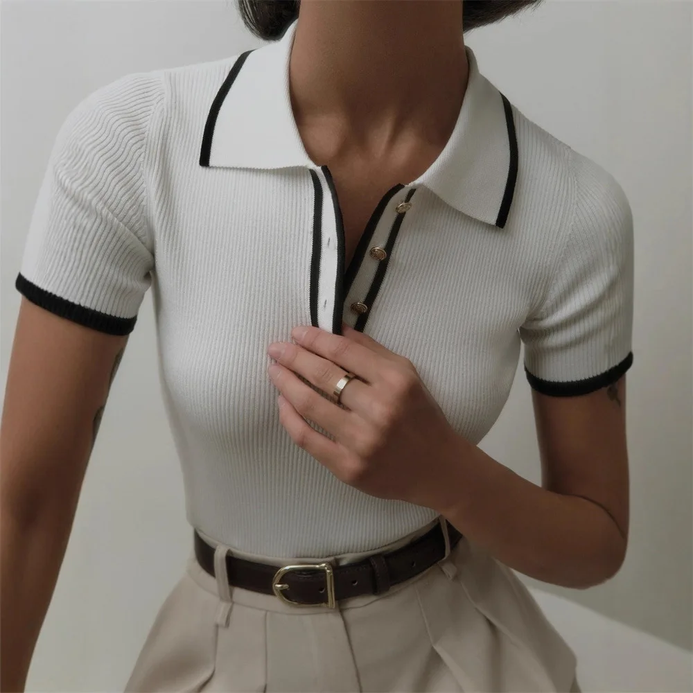 

Women Pullover 2025 Summer New Slim Fit Knit Shirts Top Women's Short Sleeve Lapel Ribbed Tight Color Block Stylish Shirt