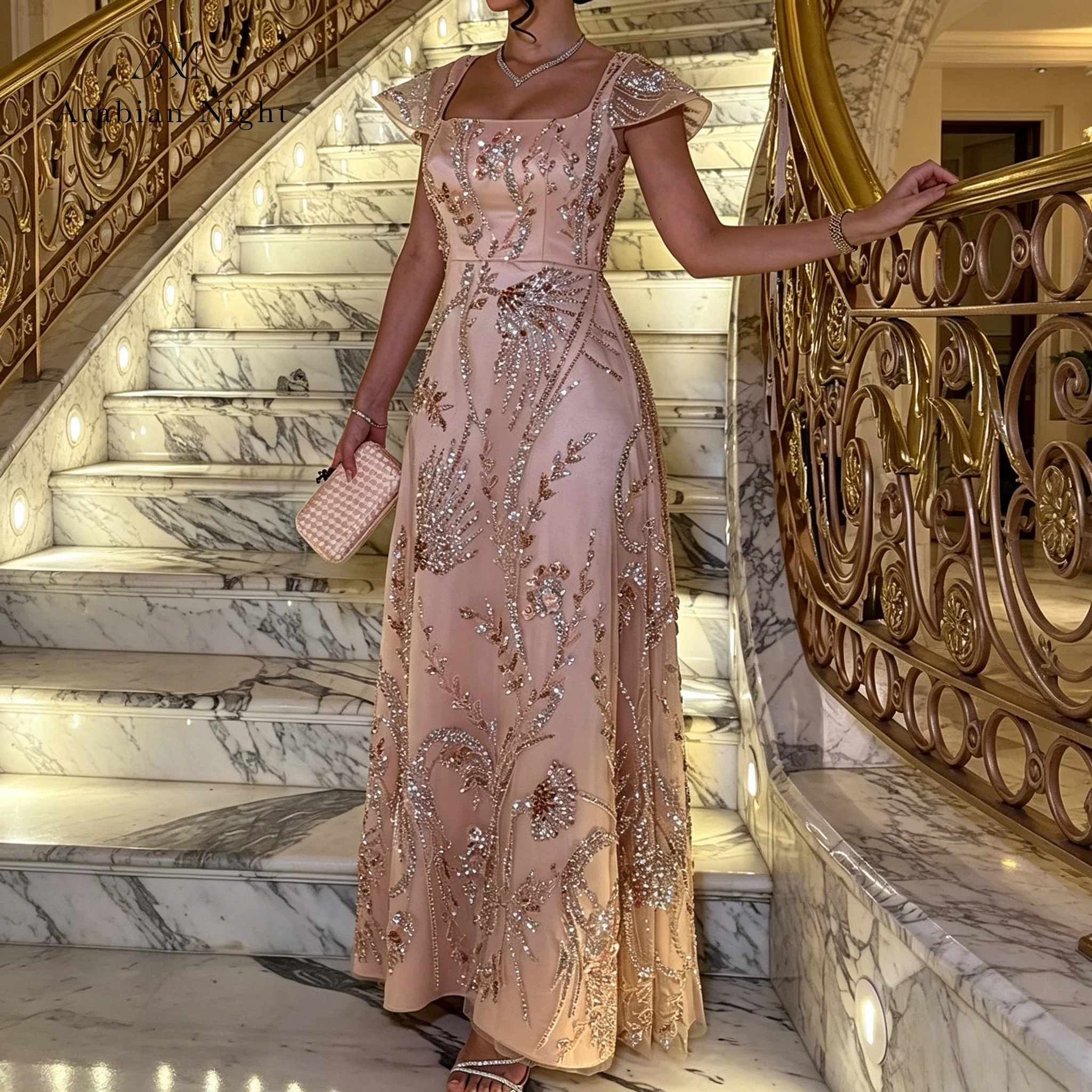 Pink square-neck short-sleeve maxi dress a formal gown or prom dress featuring exquisite crystal embellishments