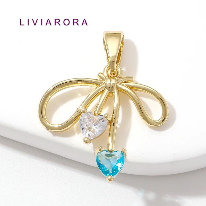 1/2/3Pcs 18K Gold Plated Brass Ribbon Bow Pendant Blue Heart CZ Ribbon Bowknot Dangle Charms For DIY Jewelry Making Materials