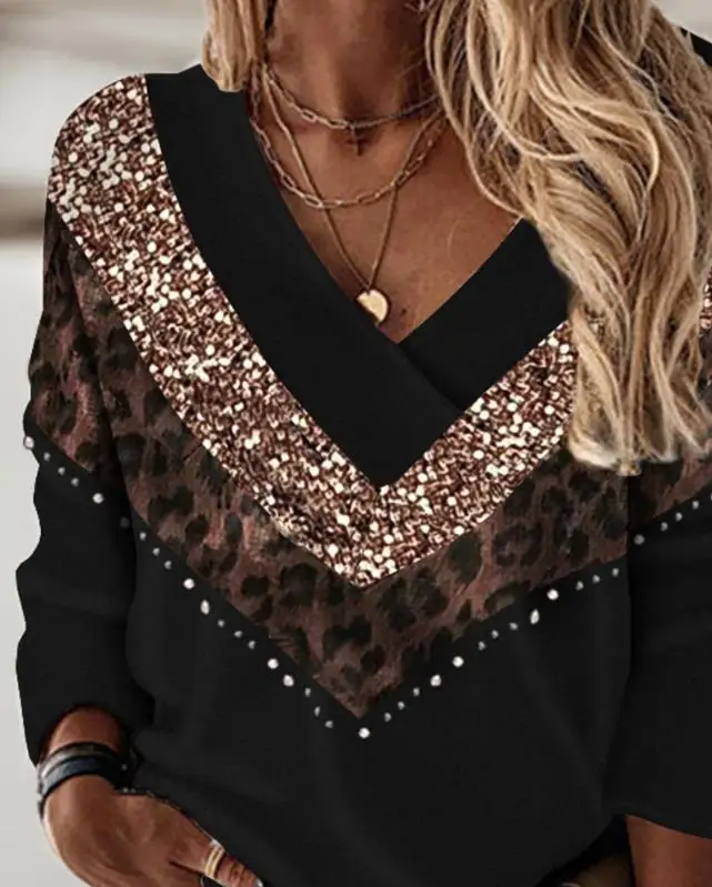 Women's Blouse Tops Fashion Daily Casual T-Shirt Contrast Sequin Leopard Print Patch V-Neck Long Sleeve Oversized Tee Top