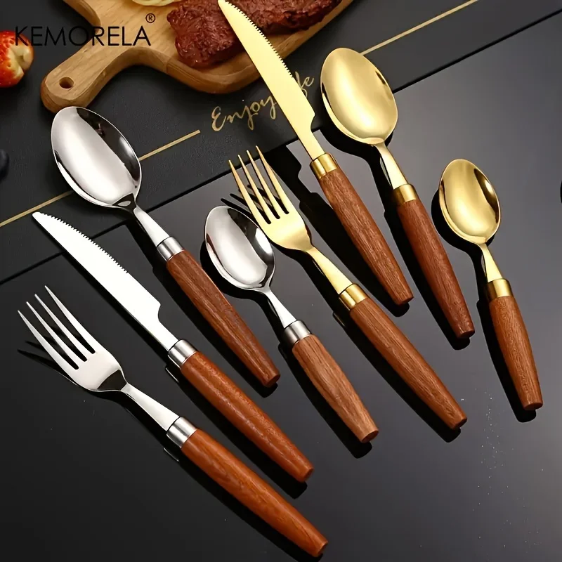 24PCS Stainless Steel Tableware Set With Wooden Handles Korean Style Suitable For Cutting Steak Cake Desserts Dishwasher Safe