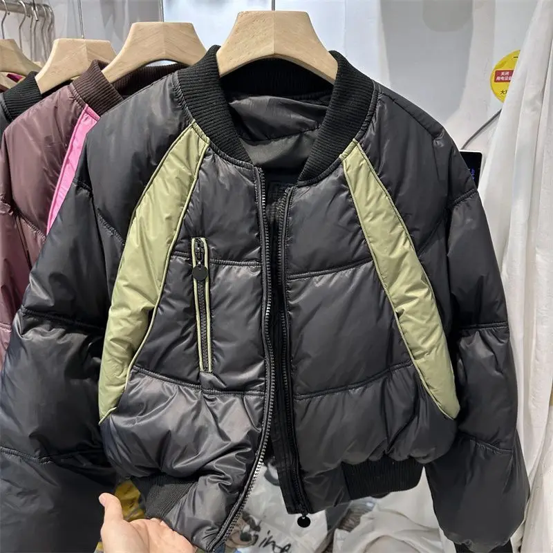 

Korean Style Contrasting Cotton Jacket Women's Casual Zipper Long Sleeved Quilted Coats 2025 Winter New O-Neck Thermal Outerwear